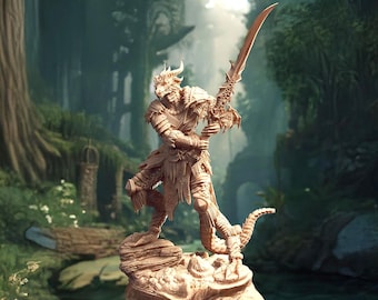 Dragonborn, Female, Barbarian, Ranger, Warrior, Horns, Greatsword, Armor, Plate, Attacking - 25/28/32/40/75mm Fantasy Miniature