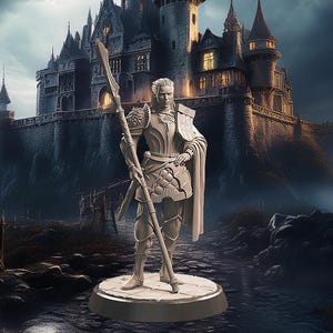 Human, Female, Paladin, Knight, Cleric in Plate Armor, Long Cape brandishing War Spear and Sword in Scabbard- 25/32/75mm Fantasy Miniature