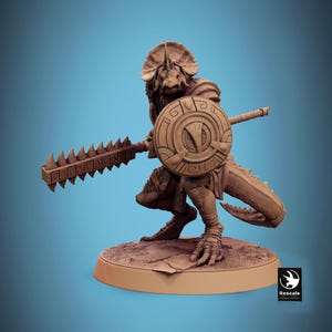 May include: A brown, detailed miniature figurine of a dinosaur-like creature with a spiked club and a round shield. The creature has a spiked head and a long tail.