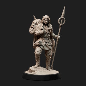 Mensch, Frau, Kämpfer, Barbar in Gepolsterter Rüstung und Überkleidung, Großem Wildschweinstab und Riesigem Kopf - 25/32/75 mm Fantasy Miniature
