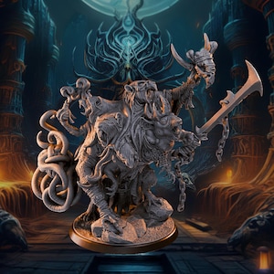 May include: A detailed gray miniature figure of a monstrous creature, holding a large sword and wearing a horned helmet. The figure has multiple arms and tentacles, standing on a circular base. The background features a dark, gothic-style environment with glowing lights.