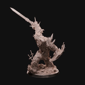 Treasure Golem, Construct made of Coins, Weapons, Shields, Treasure Hoard, Large, Attacking w/Sword Shield - 25/32/75mm Fantasy Miniature