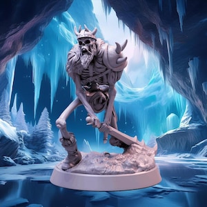 May include: A skeletal figure wearing a horned helmet and armour, wielding a sword, stands in a frozen cave setting. The figure is painted in a light grey colour.
