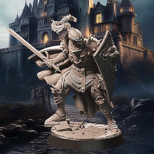 人間、男性、戦士、パラディン、全身プレートメイル着用、長剣、大型盾、マント、兜に羽根飾り - 25/32/75 mm ファンタジーミニチュア