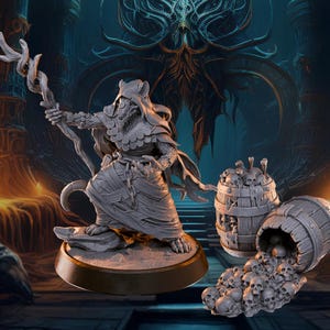 May include: A detailed gray miniature figure of a rat-like humanoid mage holding a staff, with a hooded cloak and wrapped clothing. Two barrels filled with skulls are next to the figure. The background is a dark, fantasy-themed environment.