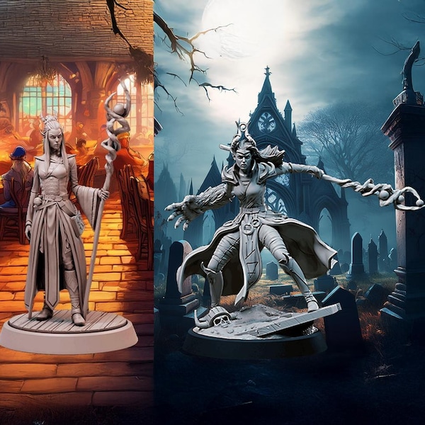 Elfa, Druida, em Couro e Sobretudo, com Cajado de Magia da Terra na mão, Besta, Conjuração - Miniatura de Fantasia 25/28/32/75 mm