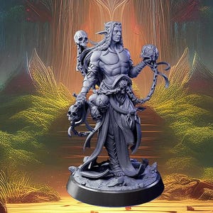 Drow Elf, Male, Warlock, Sorcerer, Mage, Wizard, Necromancer, Skulls, Bare-Chested, Casting, Long Hair - 25/28/32/75mm Fantasy Miniature