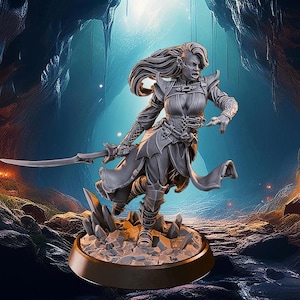 May include: A gray miniature figurine of a warrior standing on a rocky base. The figure has long flowing hair, wears layered armor with a corset-style bodice, and holds a curved sword in one hand while reaching forward with the other hand.