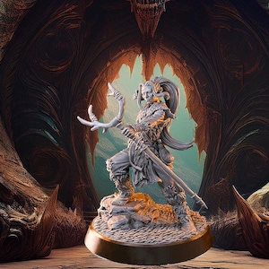 May include: A grey figurine of a warrior with long hair, holding a weapon with antler-like features. The figure stands on a rocky base, set against a detailed, fantasy-themed backdrop. The base is a gold colour.