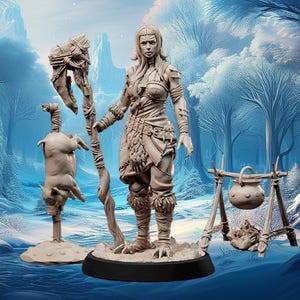 Half-Giant, scale 7' tall Female, Fighter, Barbarian, Leather and Bodice, Giant Bone Axe, Body Piercings - 25/32/75mm Fantasy Miniature
