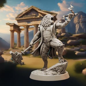 Werelion, Lionfolk, Male, Cleric, Mage, Fighter, Warrior, Mace, Lightning, Casting, Long Coat, Roar - 25/28/32/75mm Fantasy Miniature