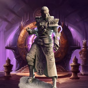 May include: A detailed miniature figurine of a fantasy character, a wizard with a long beard and intricate clothing, standing on a rock base. The wizard is wearing a long robe with a detailed pattern and holding a staff. The background is a purple and gold fantasy setting.