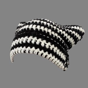 Custom Crochet Cat Ear Hat | Stripped | Fleece Lining | Satin Lining | Handmade Crochet Beanie | Pompom | Black and White |