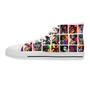 May include: White high-top canvas shoes with a colorful collage of women's faces printed on the upper. The faces are in a grid pattern and feature various skin tones and hairstyles.