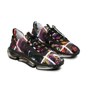 May include: A pair of black and white sneakers with a colorful, abstract print featuring multiple images of people. The sneakers have a thick, clear sole.