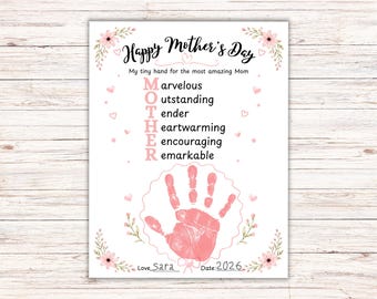 Mothers Day Handprint Art Printable, MOTHER Acrostic Poem Craft for Kids, My Tiny Hand Amazing Mom Card Instant Download PDF