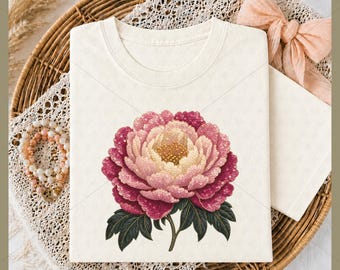 Sequin Peony PNG Sublimation, Embroidery Style Peony Floral Shirt DTF, Beaded Peony Art PNG Instant Download