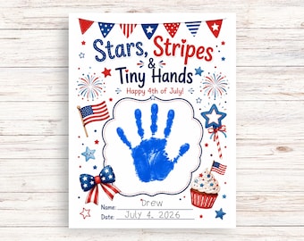 Stars Stripes Tiny Hands 4th of July Handprint Printable, Preschool Patriotic Craft, Classroom July Fourth Art, Daycare Keepsake Activity