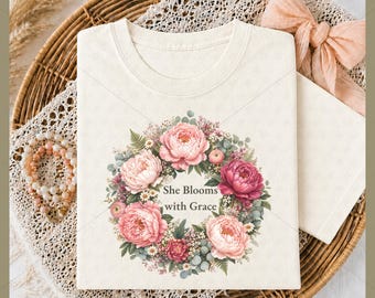 She Blooms with Grace PNG Sublimation, Peony Wreath Floral Women Shirt DTF, Botanical Grace PNG Instant Download