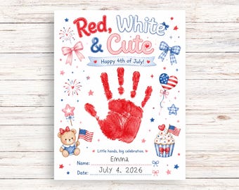 Red White and Cute Baby Girl 4th of July Handprint Printable, Patriotic Girl Keepsake Art, Baby Girl July Fourth Printable Gift 2026