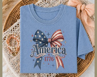 Patriotic Bow PNG Sublimation, America 1776 Coquette Bow Shirt DTF, Stars Stripes Bow 4th of July PNG Instant Download