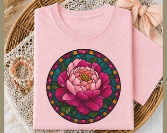 Stained Glass Peony PNG Sublimation, Church Window Floral Shirt DTF, Mosaic Peony Art PNG Instant Download