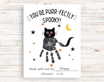 Black Cat Halloween Keepsake Print, You're Purr-Fectly Spooky Handprint Art Printable, Toddler Halloween Cat Craft, Instant Download