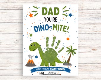 Fathers Day Handprint Art Printable, Dad Youre Dinomite Dinosaur Card Instant Download, Kids Handprint Dino Gift for Dad PDF