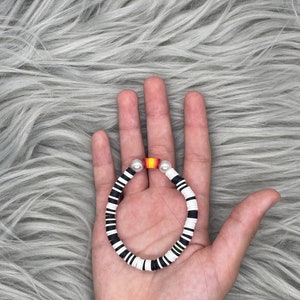 Black, white red yellow, orange and white beads clay beads white pearls, fire gradient bracelet stretchy string