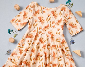 Girls’ Organic Cotton Twirl Dress | Butterfly Print | Circle Skirt Dress | Boat Neck Dress