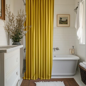 Cortina de ducha de rayas de color amarillo mostaza para una decoración de baño llamativa, cortina de baño a rayas, lavable a máquina, para ducha, decoración de inspiración vintage.