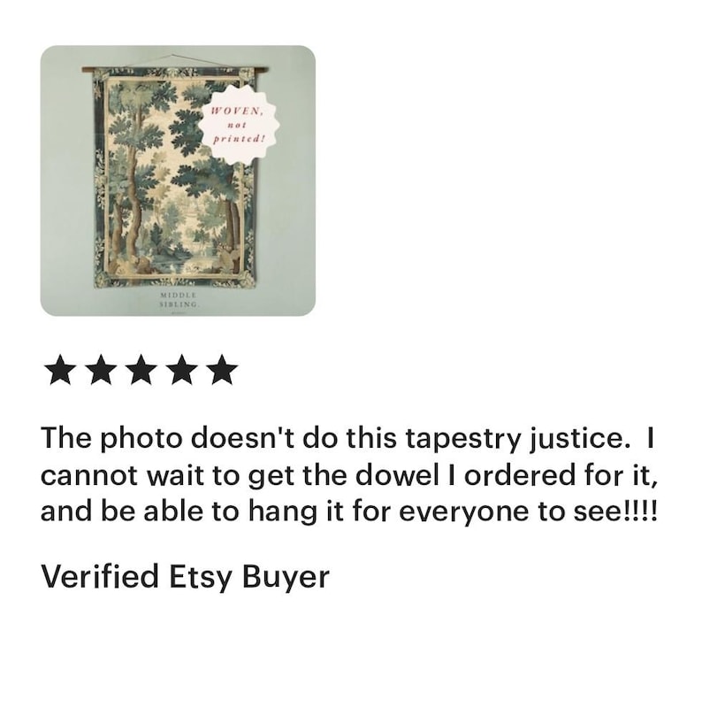 May include: A woven tapestry with a forest scene, featuring trees in shades of green and brown. The tapestry is rectangular and has a wooden rod at the top for hanging. Text on the image reads "WOVEN, not printed!"