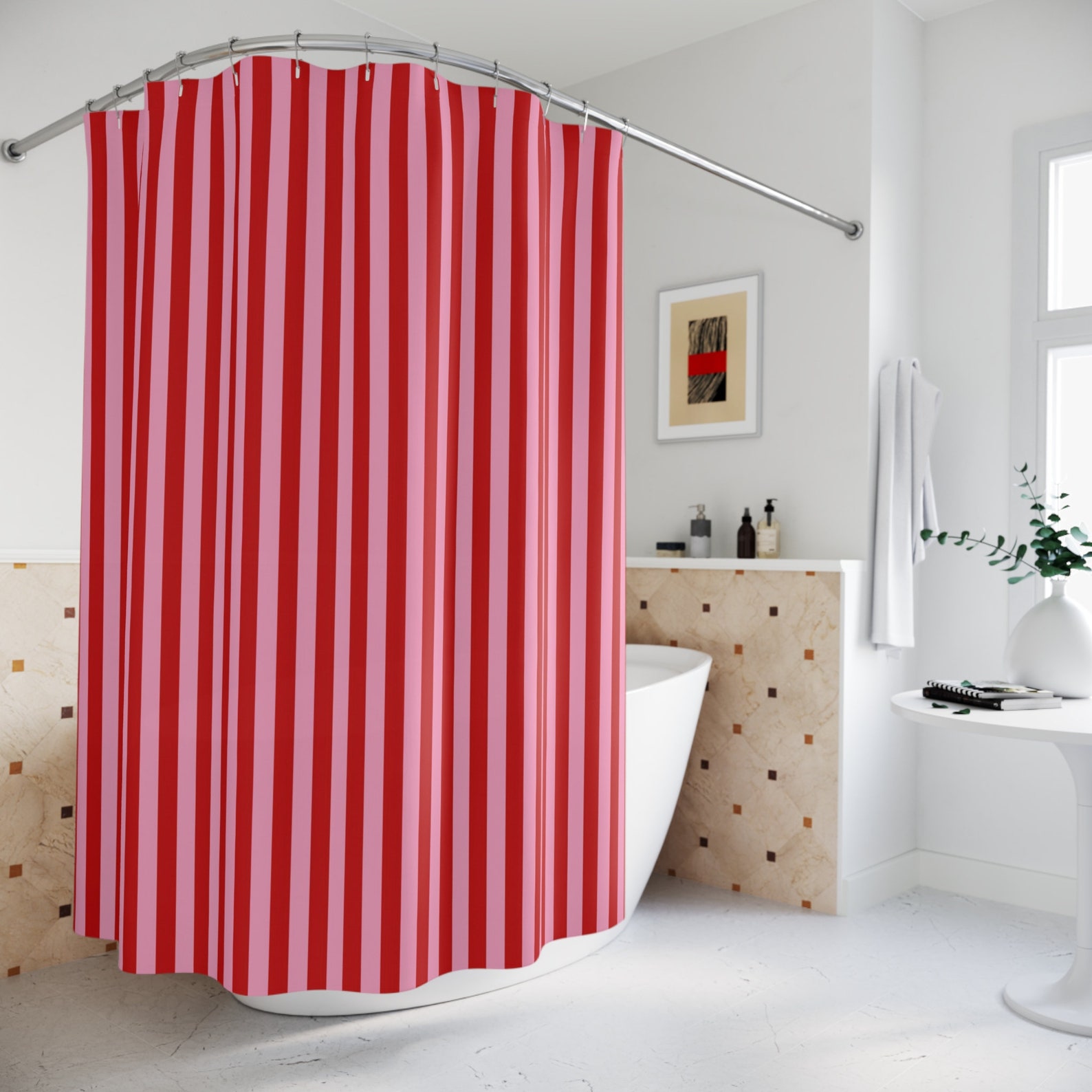 Shower Curtain Pink Red Striped Bath Curtain Bathroom Decor Waterproof