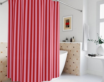 Rideau de douche Rideau de bain à rayures rouges et roses, décoration de salle de bain Rideau imperméable pour douche Rideau de salle de bains à rayures rouges et roses