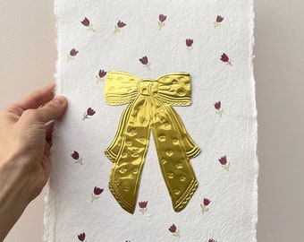 Gold Foil Bow Wall Art: Embossed Watercolor Flowers, Nursery Decor
