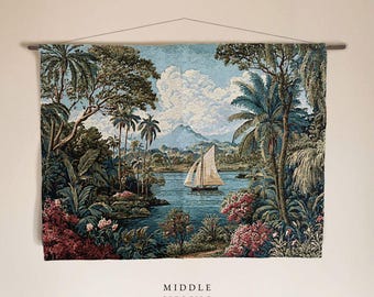 Tropical Woven Wall Tapestry Vintage Jungle Landscape Wall Hanging Sailboat Coastal Wall Art Verdure Tapestry Cottage Decor Coastal Art