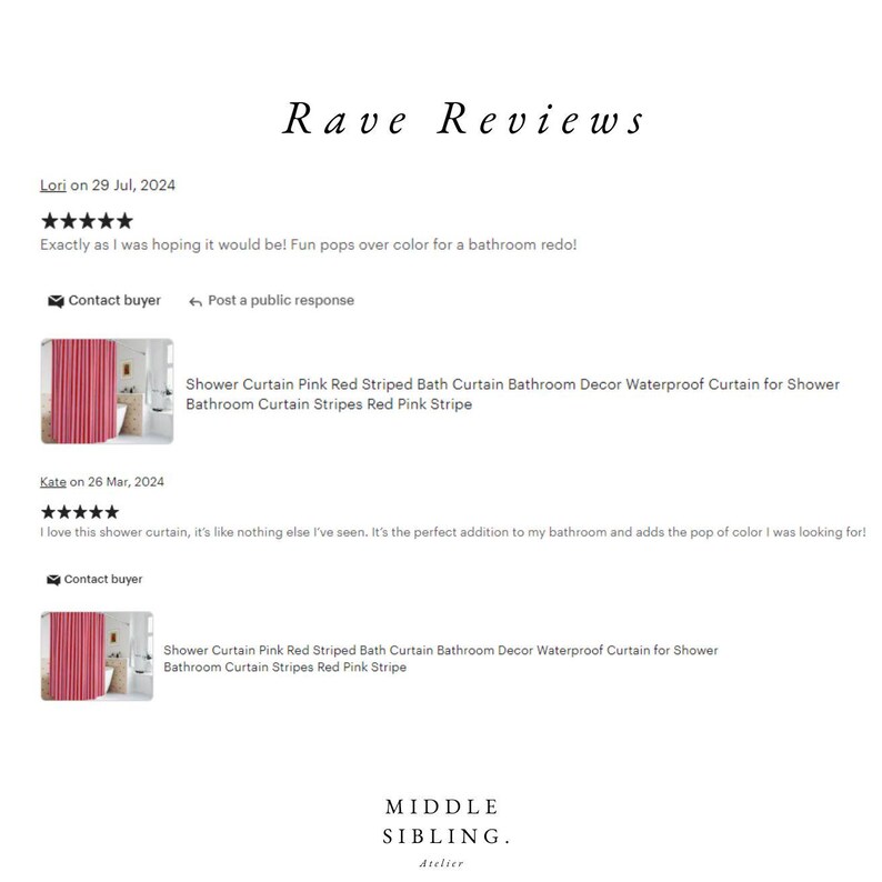 K&ouml;nnte beinhalten: Zwei Kundenrezensionen f&uuml;r einen Duschvorhang mit rosa und roten Streifen. Die Rezensionen sind positiv und erw&auml;hnen die Farbe und das Design des Vorhangs. Der Text "Rave Reviews" befindet sich oben im Bild.
