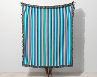 Home Decor Gift Throw Blanket Jacquard Woven Blanket Stripe Decor Blanket Decorative Throw Elegant Woven Designer Blanket Luxury Throw Blue