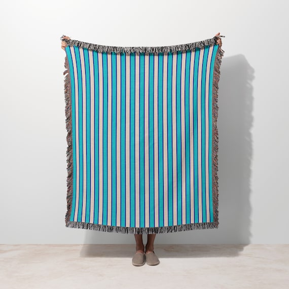 Home Decor Gift Throw Blanket Jacquard Woven Blanket Stripe Decor Blanket Decorative Throw Elegant Woven Designer Blanket Luxury Throw Blue