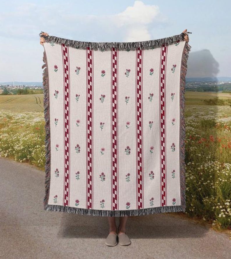 Woven Blanket Floral Red Stripe Decor Blanket Cottage Core  Throw Lightweight Blanket Summer