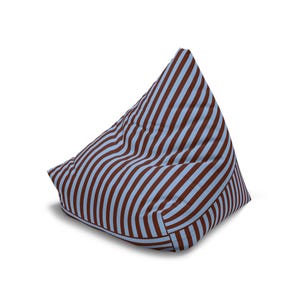 May include: A blue and brown striped bean bag chair in the shape of a triangle.