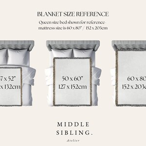 K&ouml;nnte beinhalten: Ein visueller Leitfaden f&uuml;r Deckengr&ouml;&szlig;en, der drei verschiedene Gr&ouml;&szlig;en von Decken auf einem Queensize-Bett zeigt. Die Deckengr&ouml;&szlig;en sind 37 x 52 Zoll, 50 x 60 Zoll und 60 x 80 Zoll. Die Ma&szlig;e werden auch in Zentimetern angegeben.