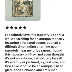 May include: Woven tapestry with a forest scene in shades of green, beige, and brown. The tapestry is rectangular and has a wooden rod at the top for hanging. The text "WOVEN, not printed!" is on the image.