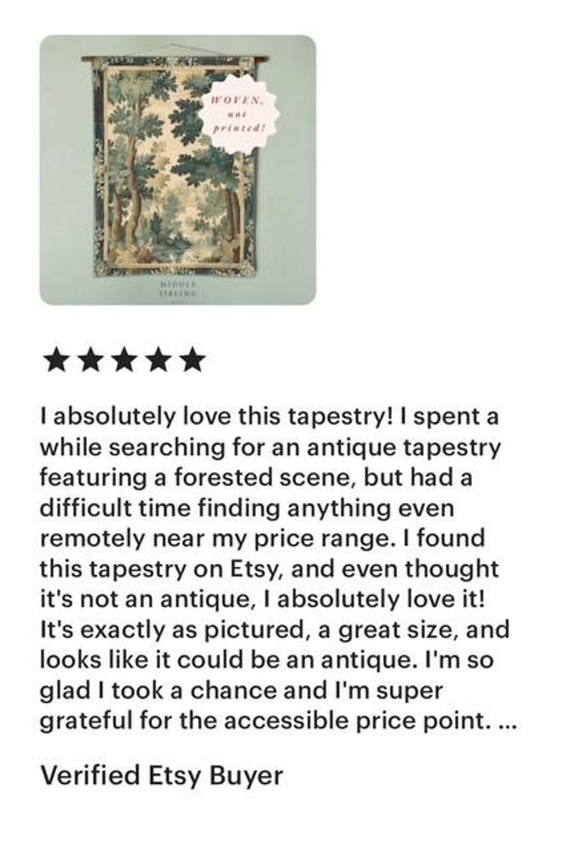 May include: Woven tapestry with a forest scene in shades of green, beige, and brown. The tapestry is rectangular and has a wooden rod at the top for hanging. The text "WOVEN, not printed!" is on the image.
