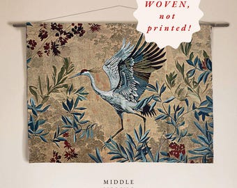 Vintage Crane Tapestry Wall Art Home Decor Asian Style Cotton Hanging Woven Design Bird Art Room decor Japanese Art Boho Space Farmhouse Art