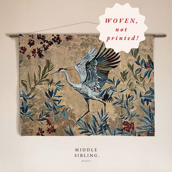 Vintage Crane Tapestry Wall Art Home Decor Asian Style Cotton Hanging Woven Design Bird Art Room decor Japanese Art Boho Space Farmhouse Art