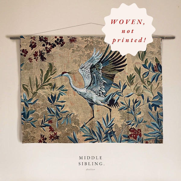 Vintage kraan wandtapijt muurkunst woondecoratie Aziatische stijl katoen hangend geweven ontwerp vogel kunst kamerinrichting Japanse kunst boho ruimte boerderij kunst