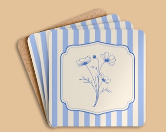House Warming Gift Coaster Set of cork coasters stripe decor gift for house warming floral decor cottage core gift blue coaster coaster set