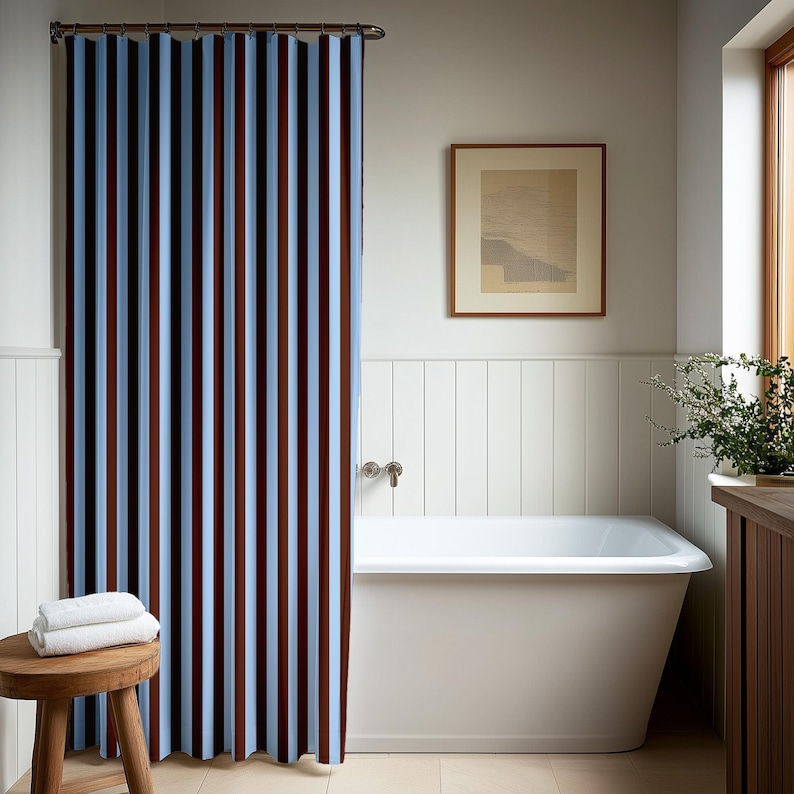 Bold Colourful Bath Curtain Blue Burgundy Stripe Shower Curtain Bathroom Decor Bath Curtain for Bathroom Bold Stripe Curtain Stripe Blue