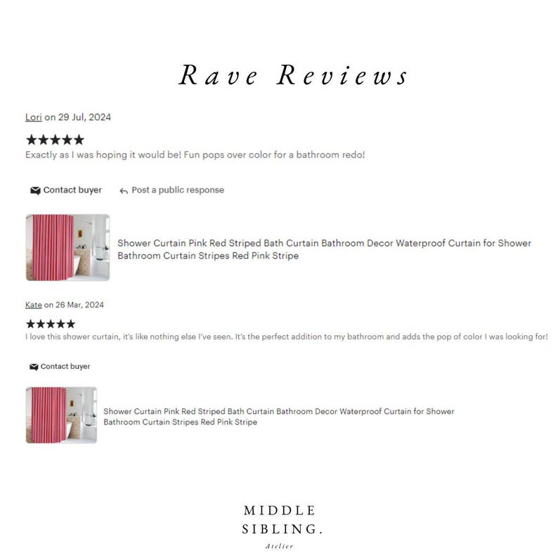 May include: Two customer reviews for a pink and red striped shower curtain. The reviews are positive and mention the curtain's colour and design. The text "Rave Reviews" is at the top of the image.